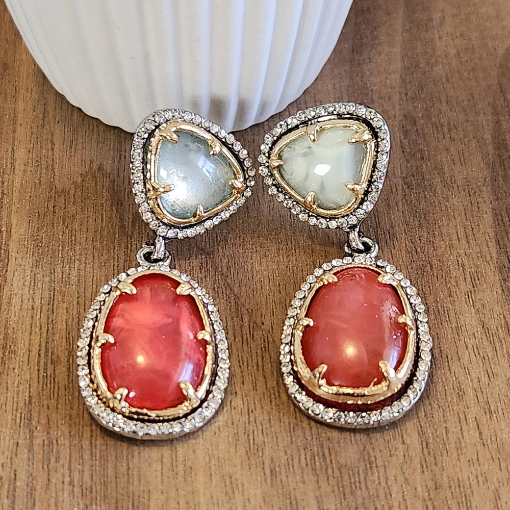 Red Mint Green Cabochon Crystal Halo Drop Earrings Silver Gold Tone 1.75"